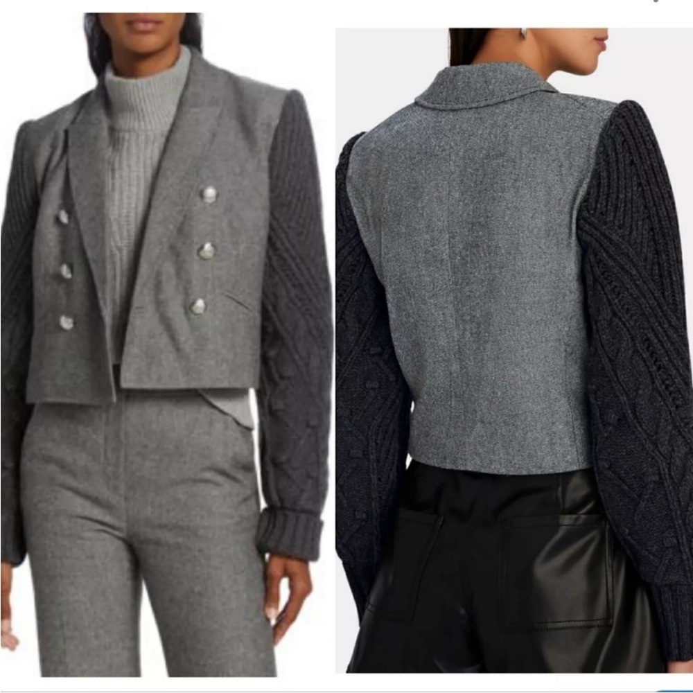$698 Veronica Beard Eamon Gray Blazer with charcoal Black Knit Sleeves sz 8
